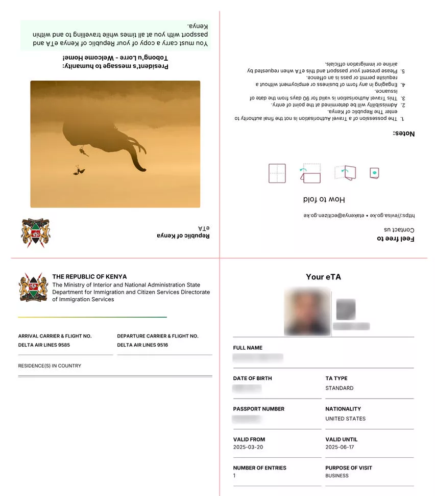 Sample Kenya eTA electronic travel authorisation